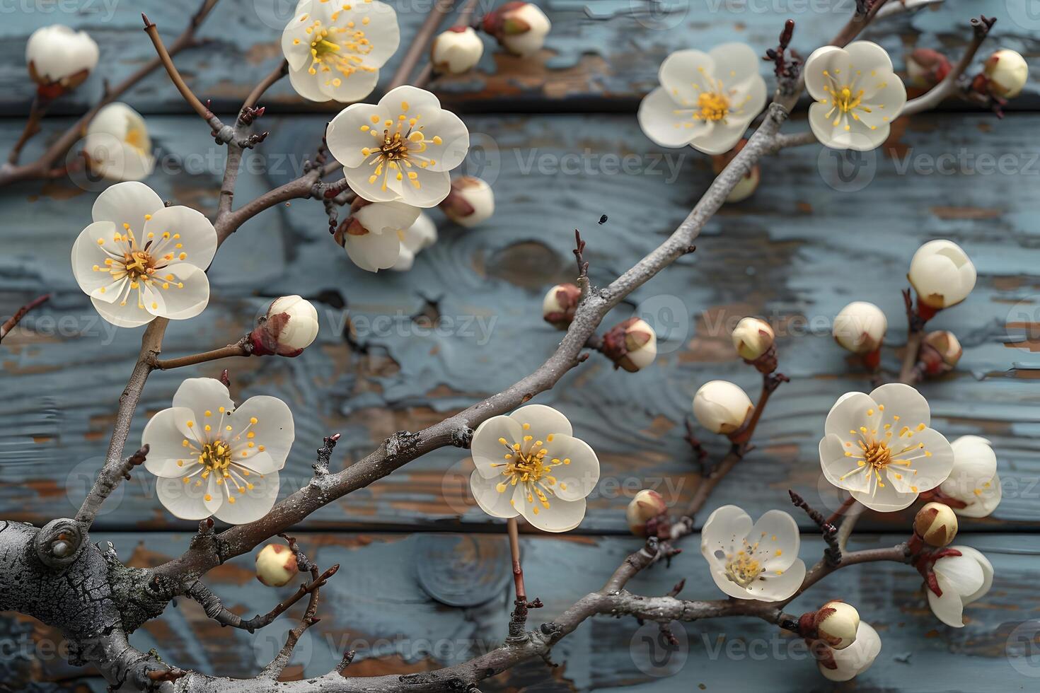 Spring Blossoms on Weathered Wood Background - Nature Art for Decor, Prints, and Posters photo