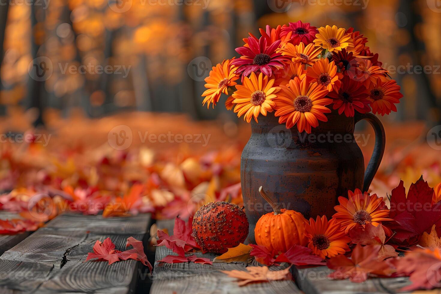 Autumn Flowers Bouquet in Rustic Vase with Pumpkins on Wooden Table in Fall Forest Setting photo