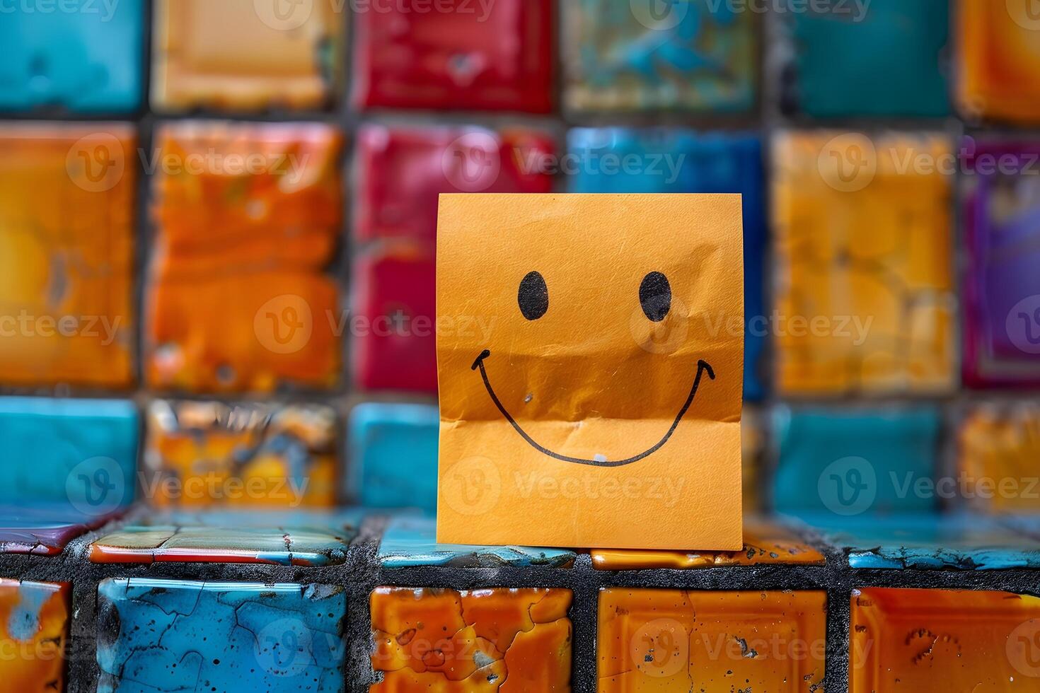 Vibrant Smiley Face on Post-It Note against Colorful Tile Background for Positive Art and Design photo