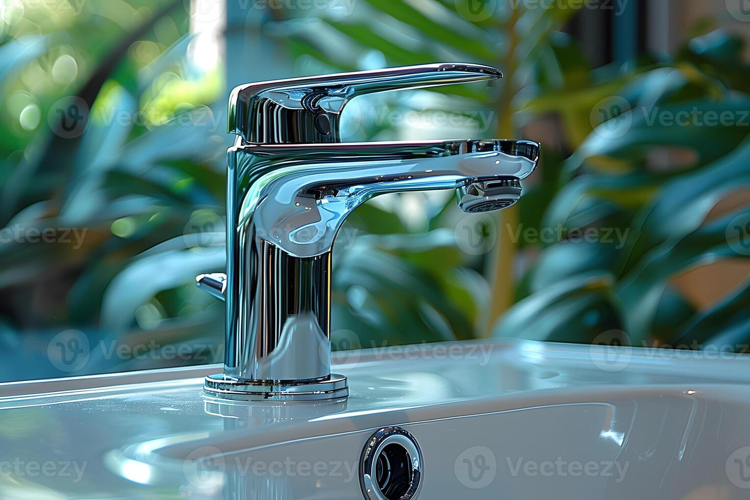 Modern Chrome Faucet in Bathroom Sink with Green Indoor Plants - Home Design Inspiration photo