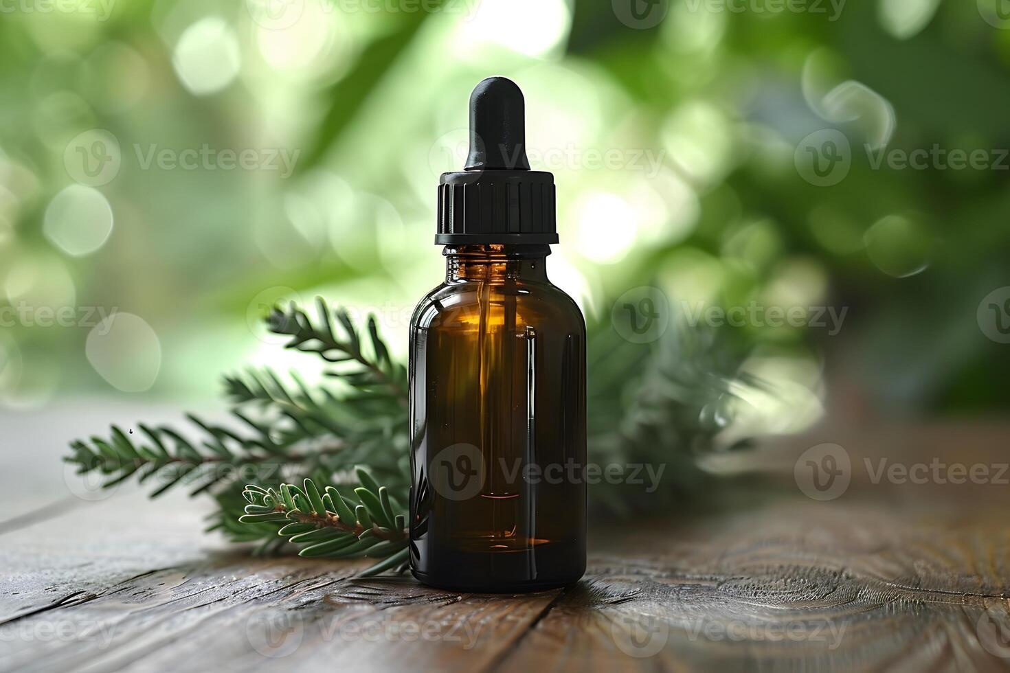 Essential Oil Amber Dropper Bottle with Fresh Green Pine Branch - Natural Wellness and Aromatherapy Design photo
