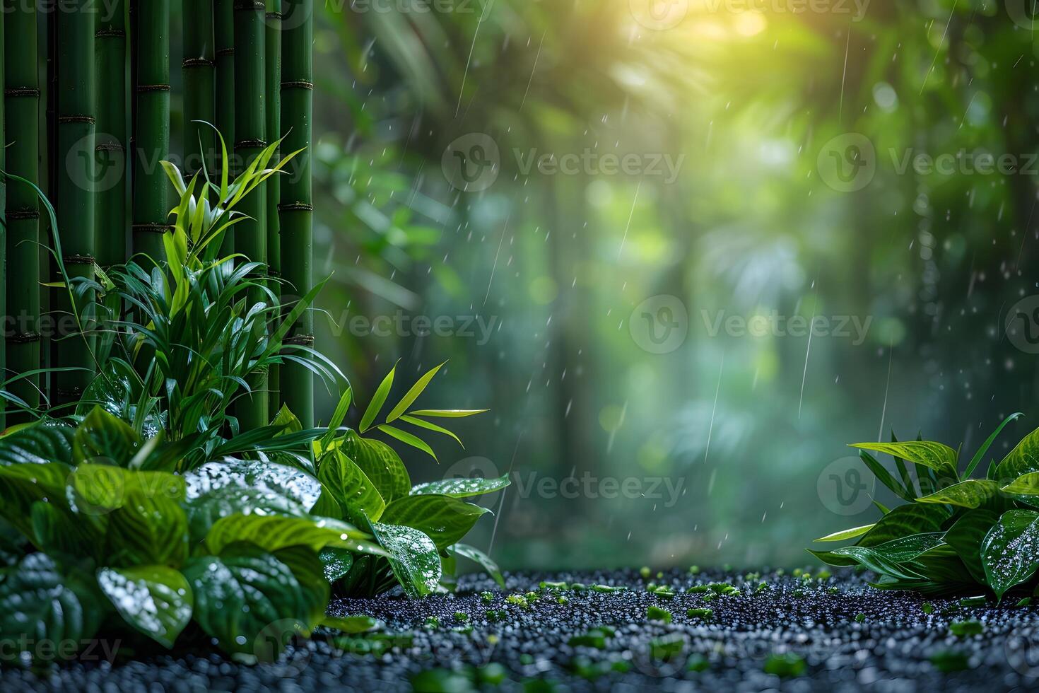 Serene Rainforest Scene with Lush Green Foliage and Gentle Rainfall - Natural Background for Relaxation photo