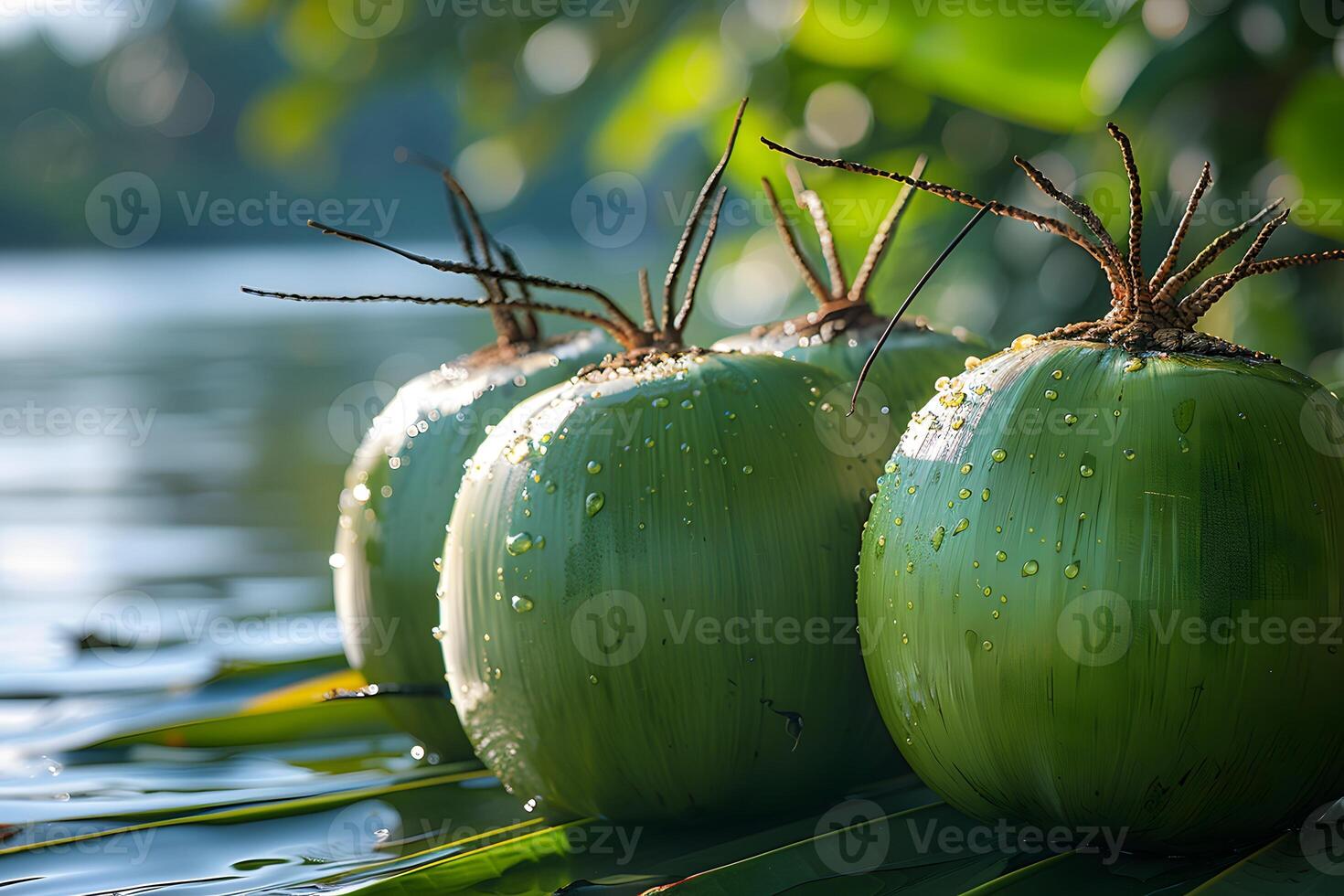 Fresh Green Coconuts by the Water with Dew Drops - Summer Tropical Refreshment Concept photo