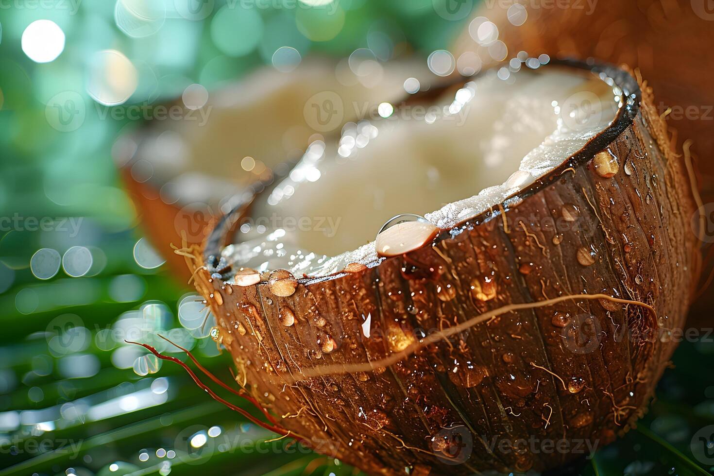 Fresh Coconut Halves with Water Droplets - Tropical Refreshment Concept for Print, Card, Poster photo