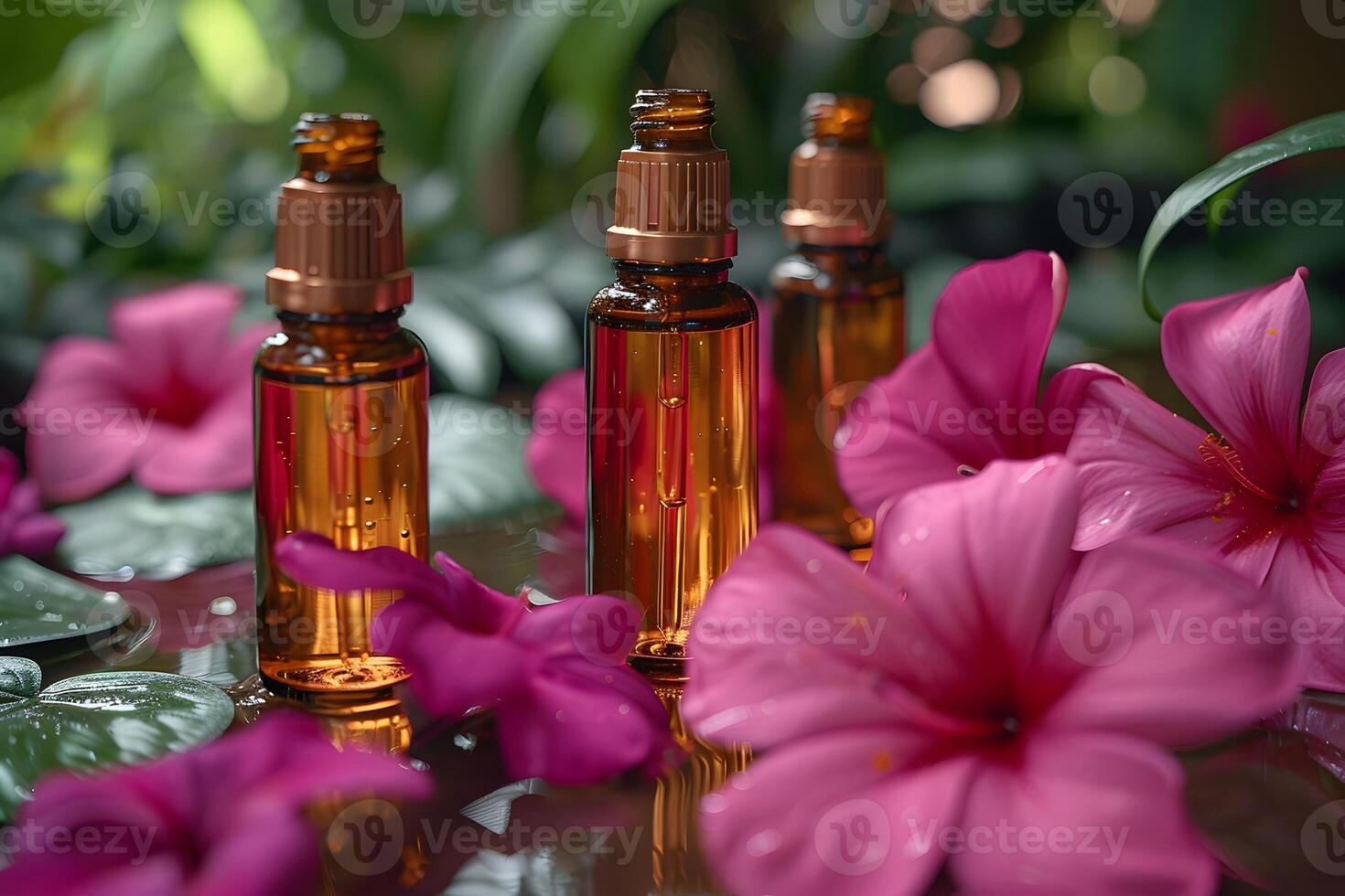 Essential Oils Bottles with Vibrant Pink Flowers in Nature - Aromatherapy and Natural Skincare Concepts, Wellness Design for Spa and Relaxation photo