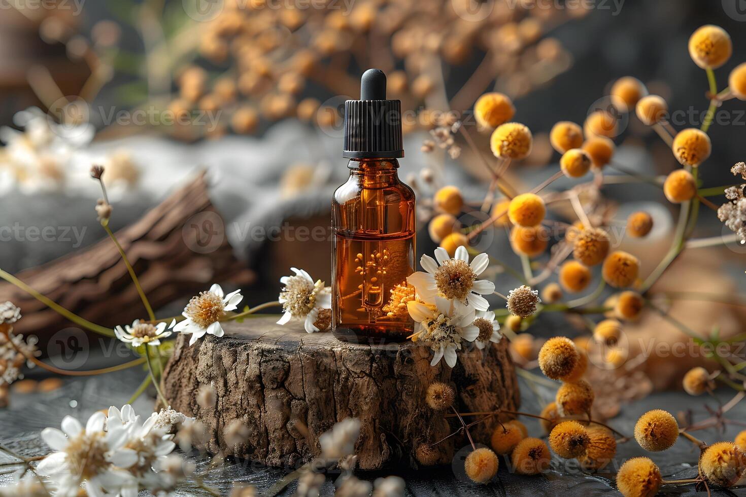 Essential Oil Bottle with Dropper Surrounded by Natural Flowers and Rustic Elements Earthy, Aromatherapy Concept photo