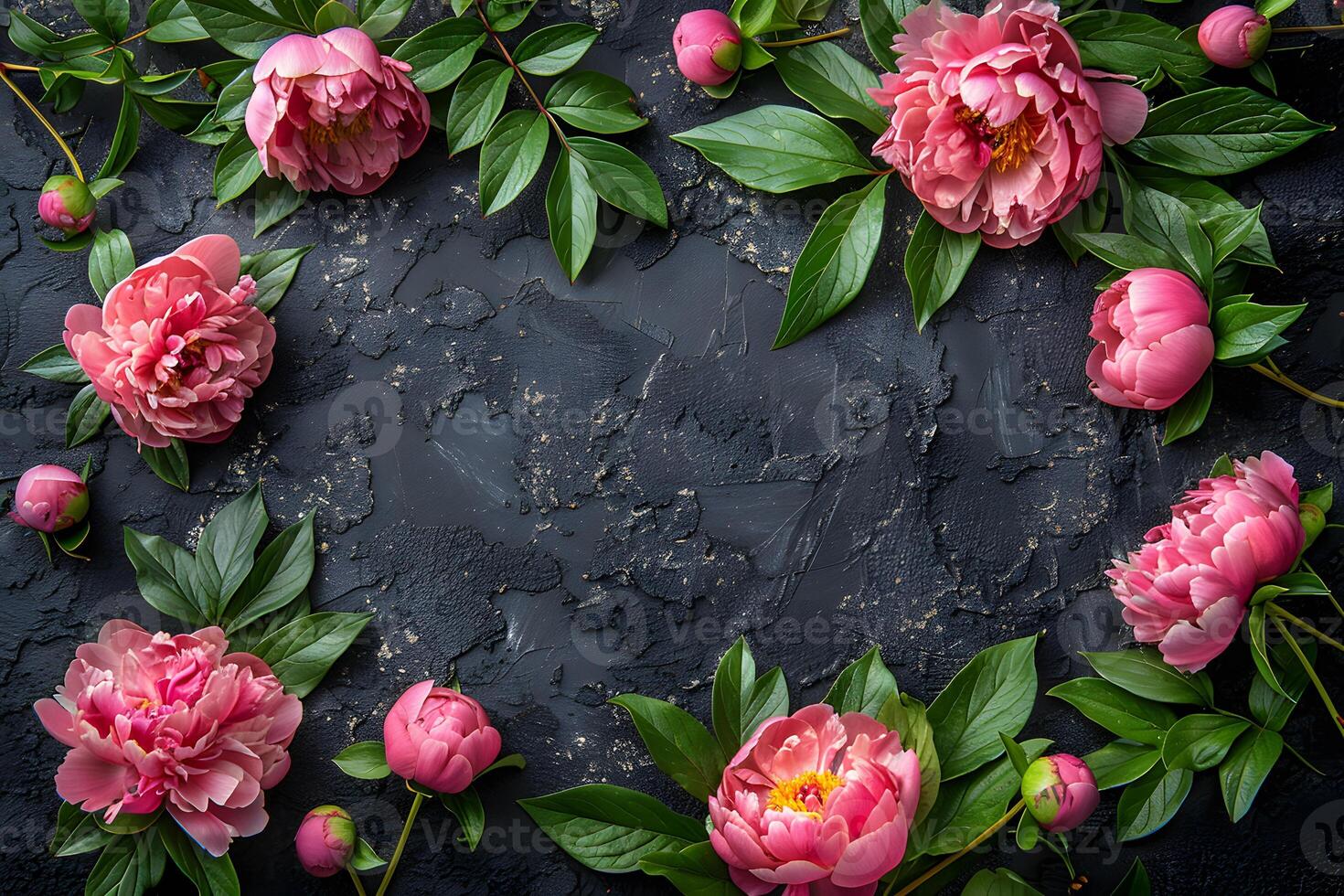 Elegant Pink Peonies and Lush Greenery on Dark Textured Background Floral Design for Posters, Cards, and Decor photo