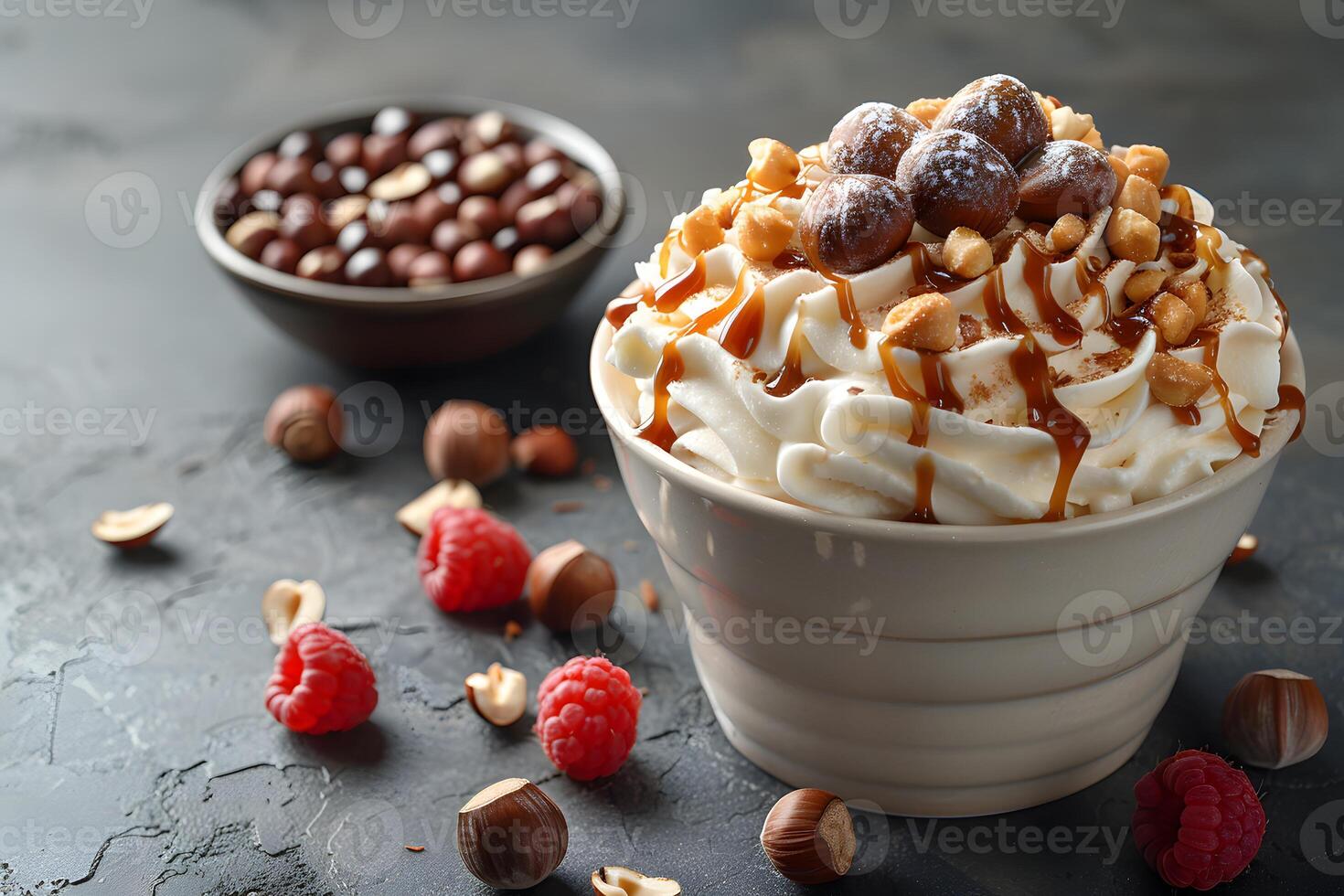 Decadent Dessert with Ice Cream, Whipped Cream, Raspberries, and Hazelnuts for Dessert Menu or Culinary Promotions photo