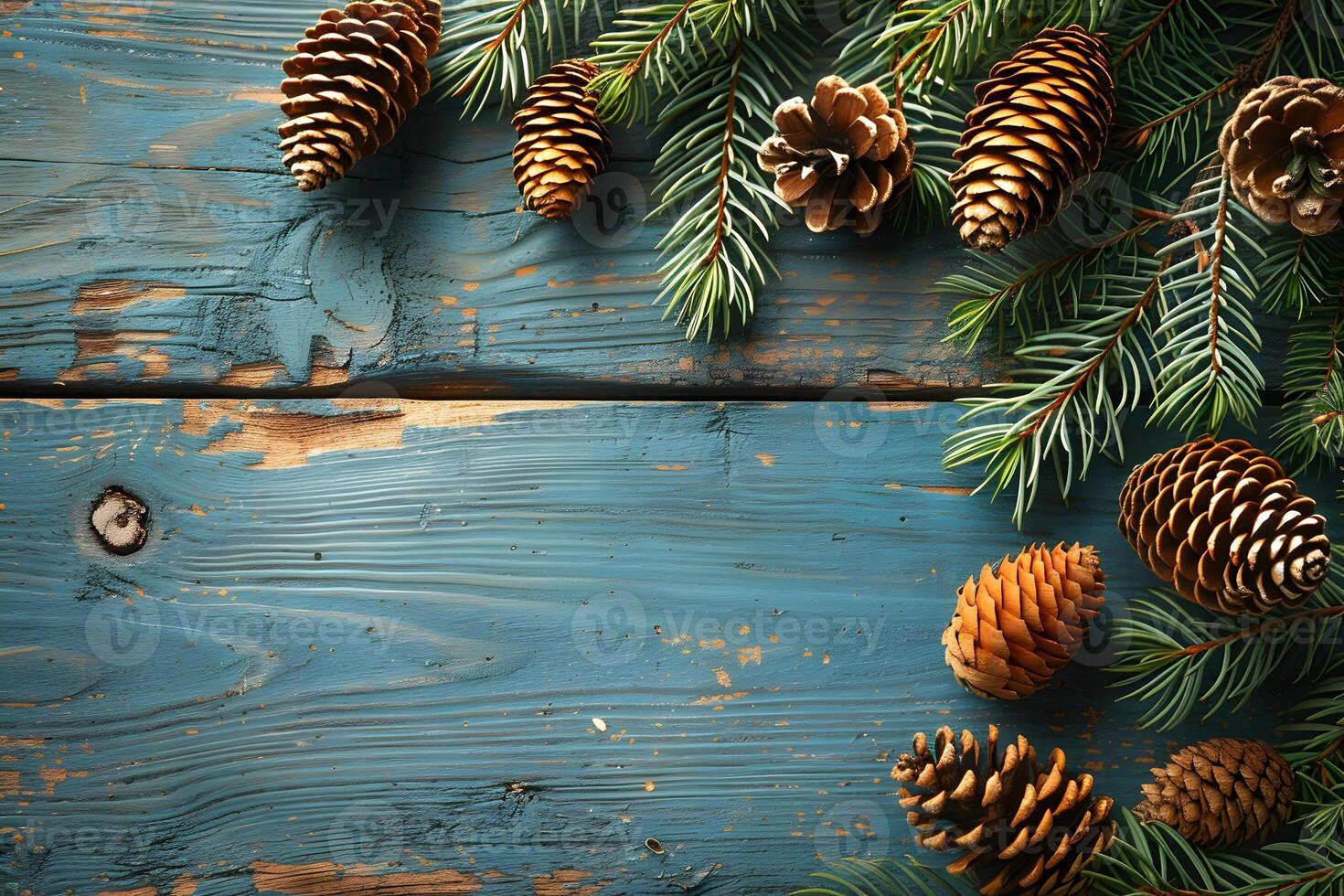 Rustic Christmas Background with Pine Cones and Fir Branches on Weathered Wood for Holiday Design photo