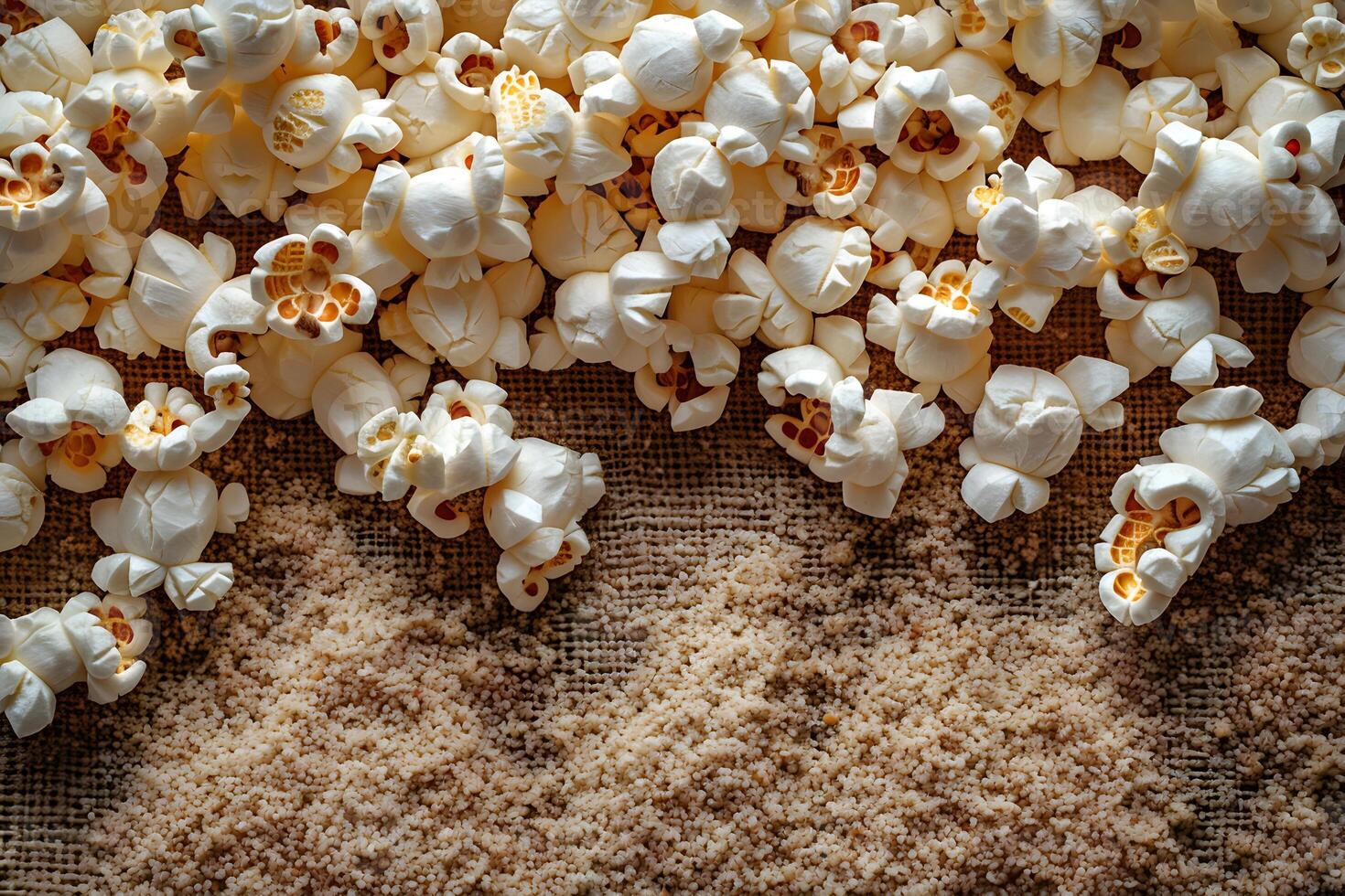Freshly Popped Popcorn on Burlap Texture - Perfect Snack Detail for Print, Card, Poster Design photo