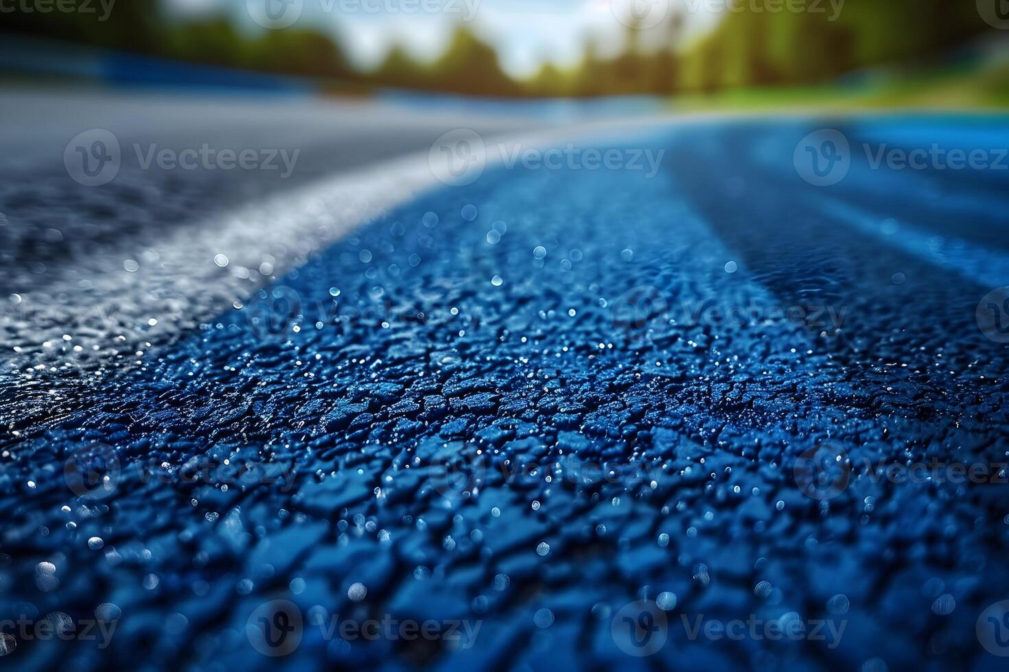 Dynamic Close-Up of a Wet Blue Racetrack Curve on a Sunny Day - High-Speed Racing Concept photo