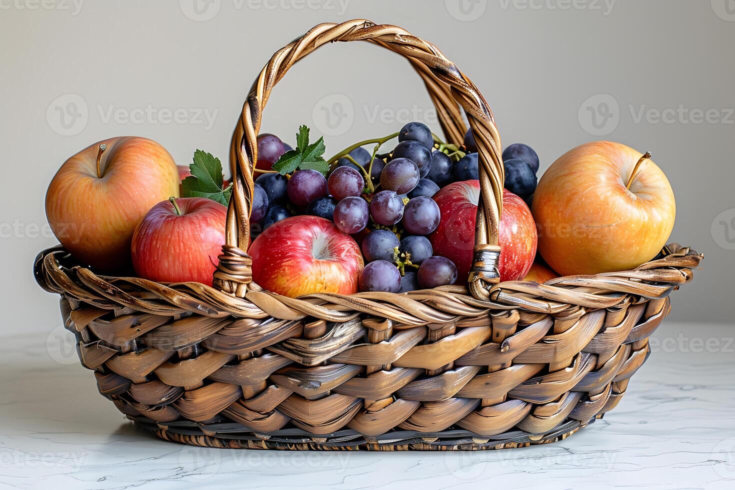Fresh Fruit Basket with Apples and Grapes for Healthy Eating and Autumn Decor photo