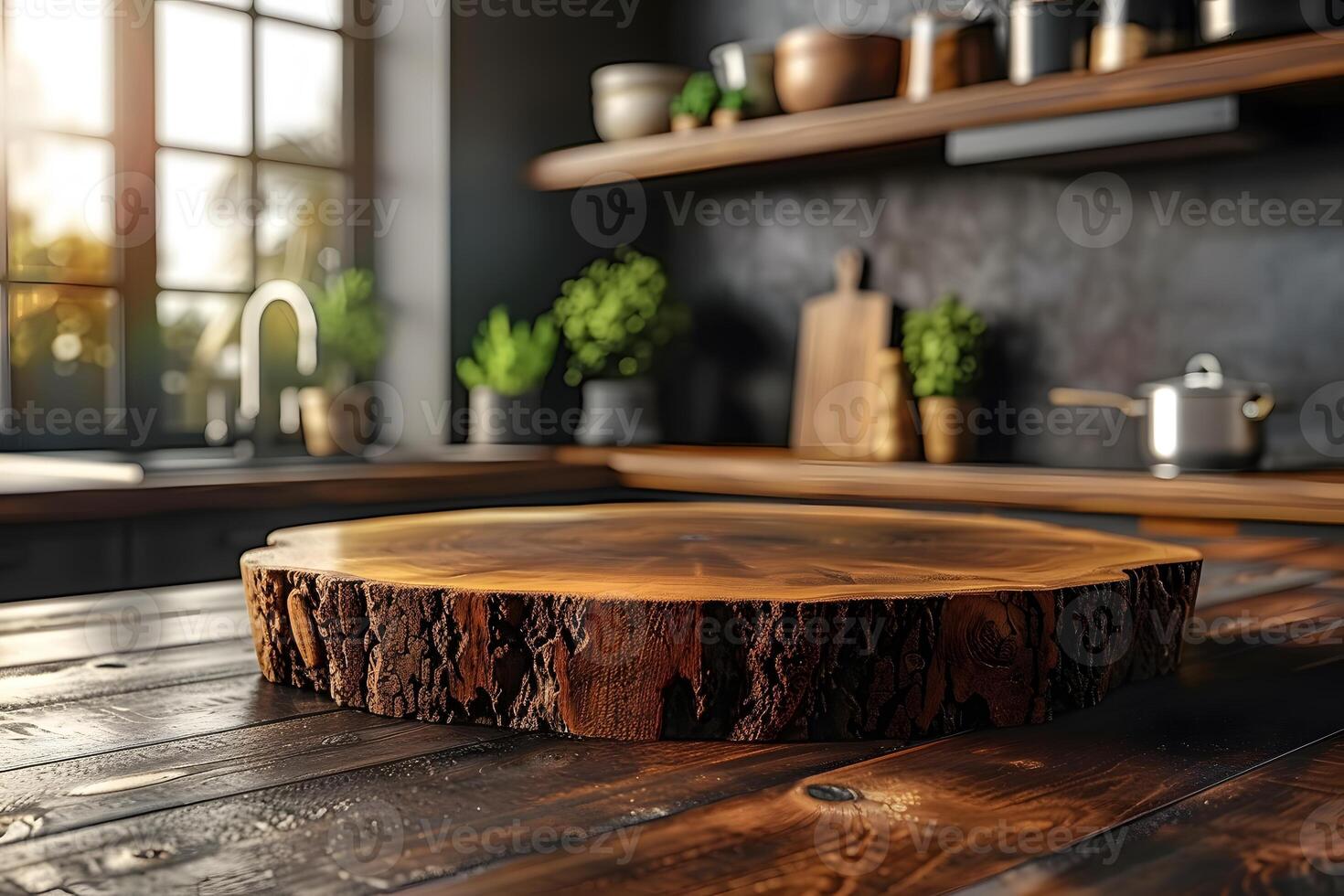 Rustic Wooden Tabletop in Sunlit Modern Kitchen for Culinary Design and Cooking Spaces photo