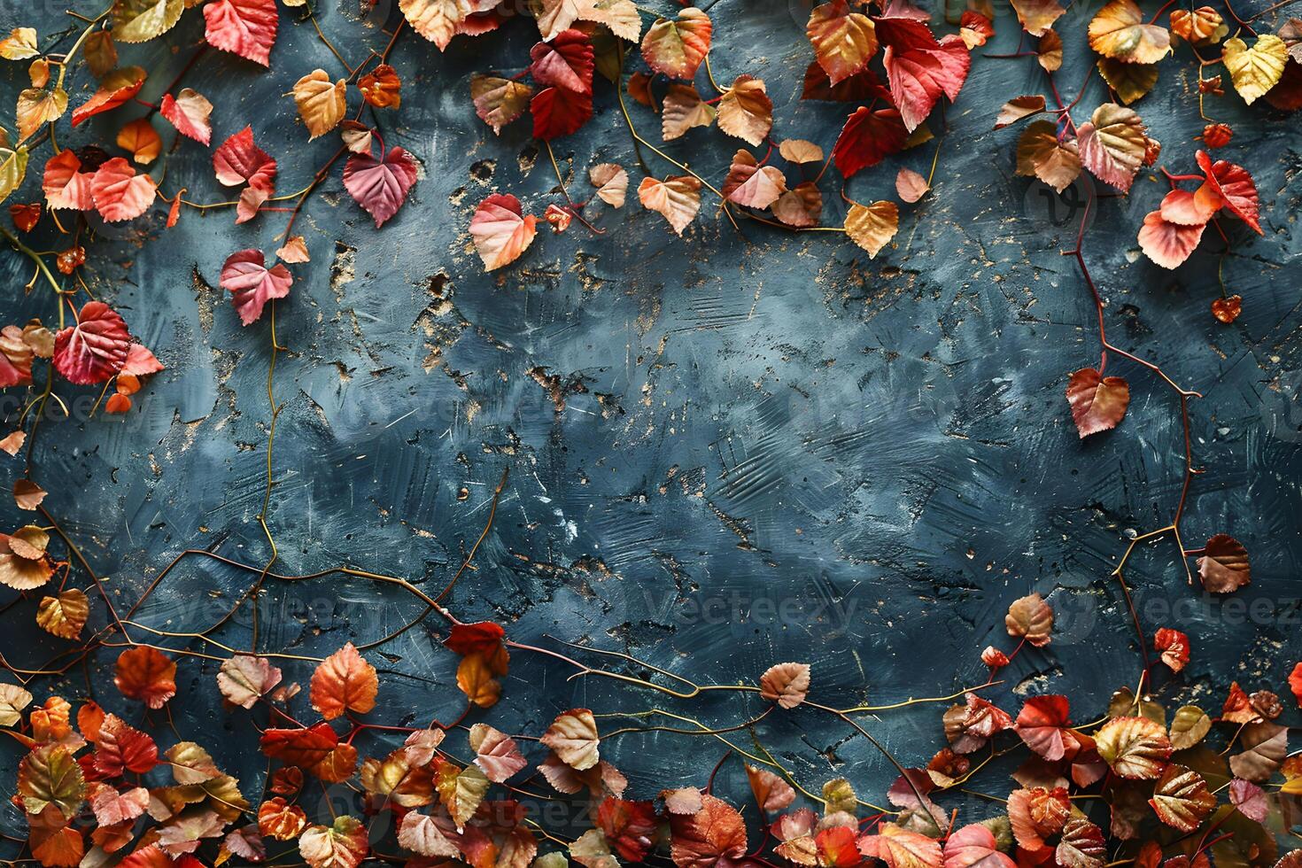 Autumn Leaves on Textured Blue Background - Perfect for Seasonal Design, Print, Card, Poster photo