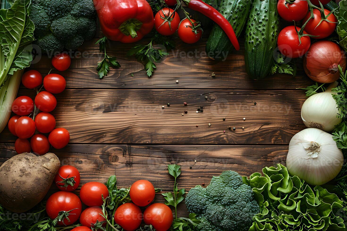Assorted Fresh Vegetables on Rustic Wooden Table for Healthy Eating and Recipe Design photo