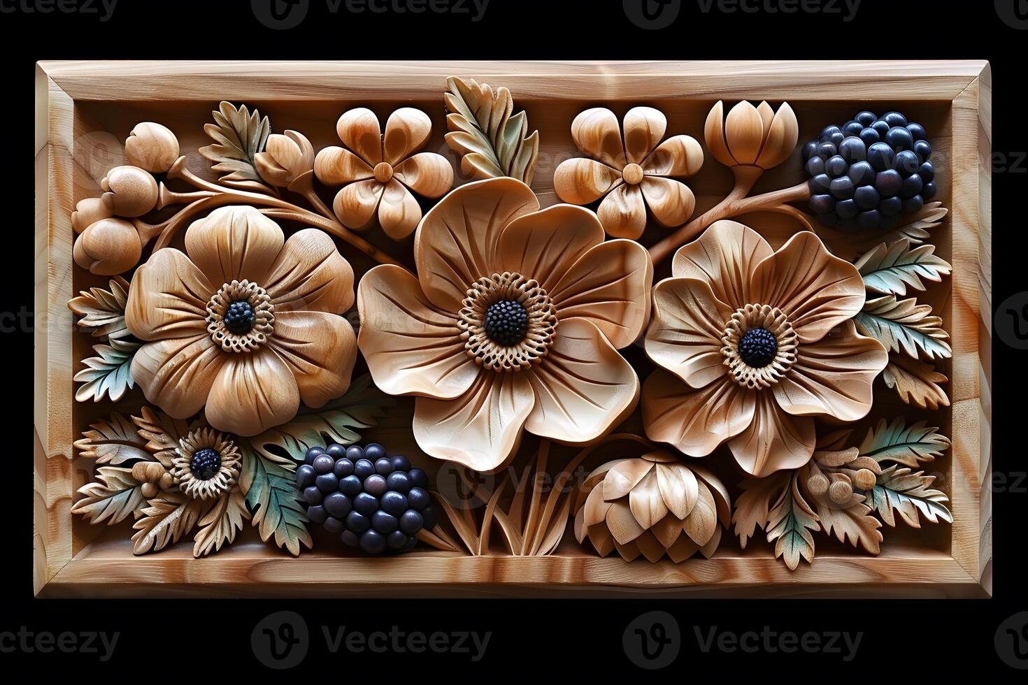Intricate Wood Carving of Flowers and Berries - Art for Home Decor, Wall Art, and Design Projects photo