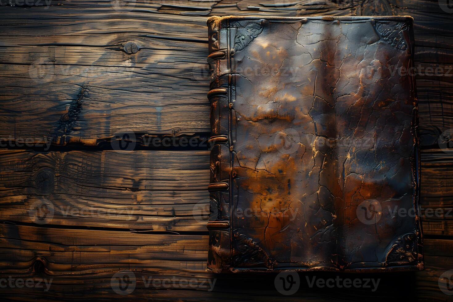 Vintage Leather Book on Wooden Table - Rustic Background for Antique Literature, Education, and History Themes photo