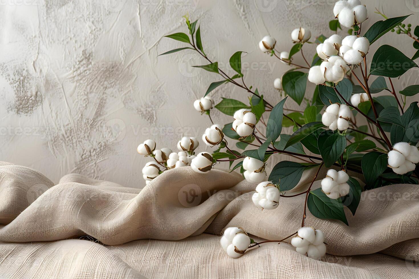 Elegant Cotton Flower Arrangement with Beige Fabric for Interior Design, Card, Poster photo