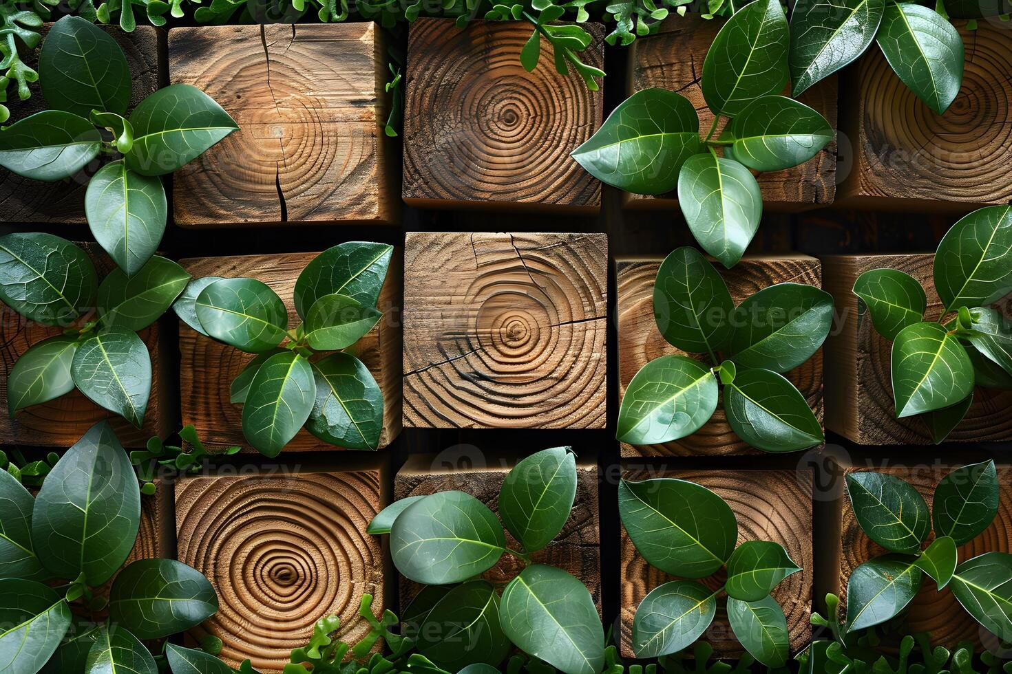 Natural Wood Background with Green Leaves for Eco-Friendly Design and Nature-Themed Decor photo