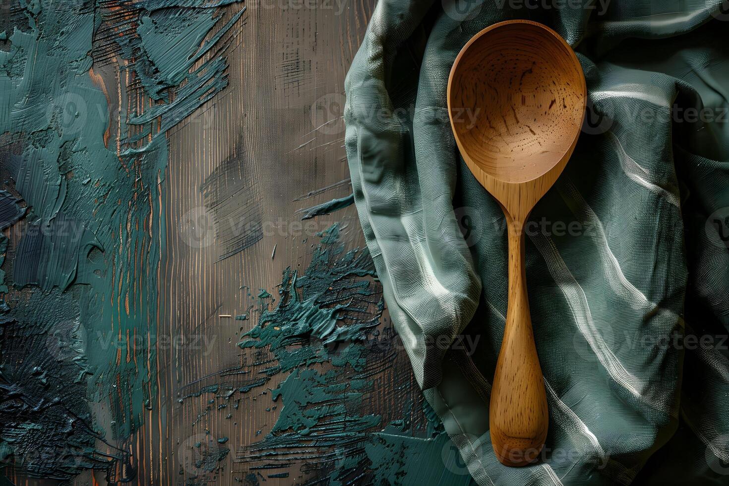 Rustic Wooden Ladle on Textured Background for Kitchen Decor and Design Projects photo