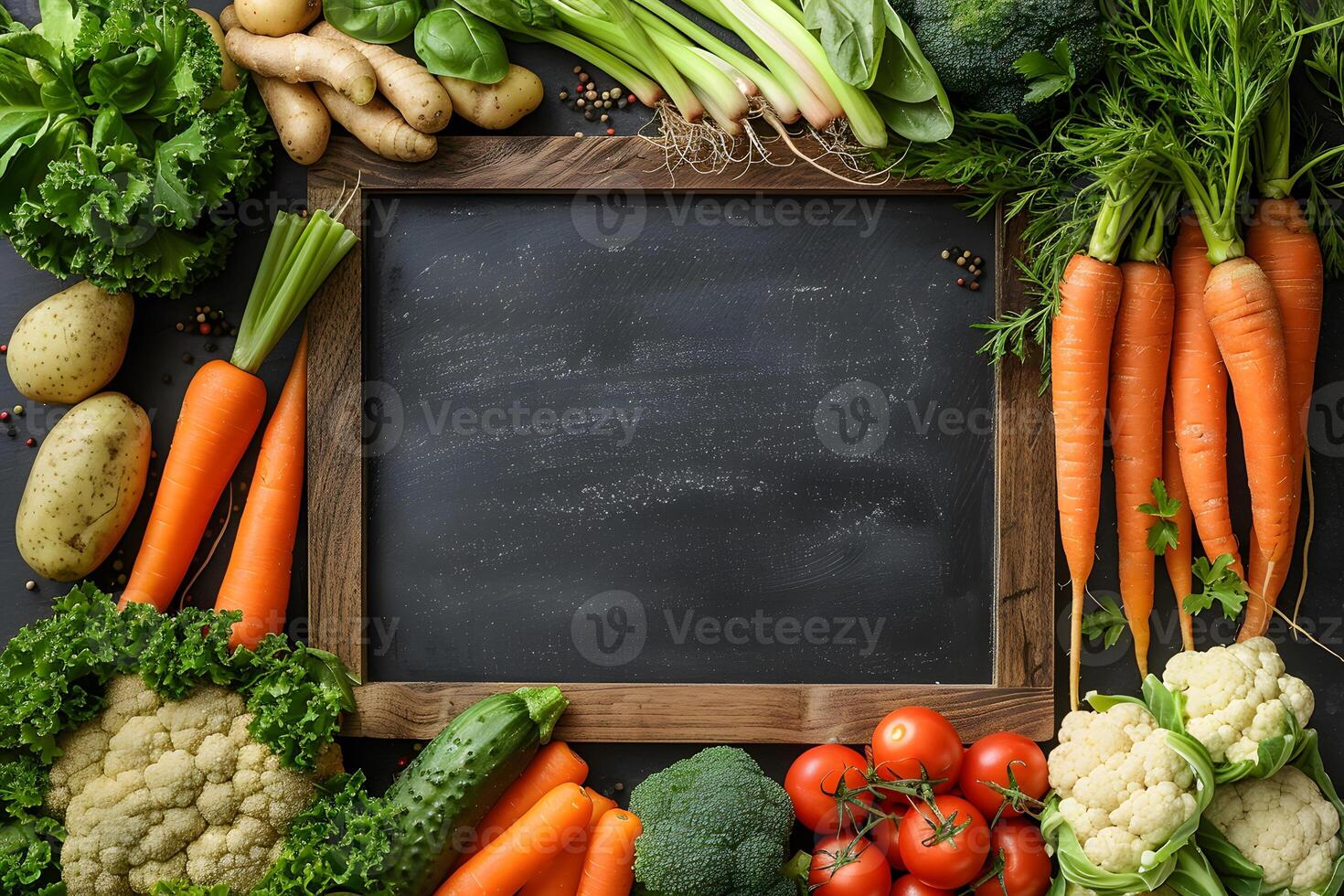 Fresh Organic Vegetables Surrounding Wooden Frame Chalkboard - Perfect for Farm-to-Table Promotions and Healthy Eating Concepts photo