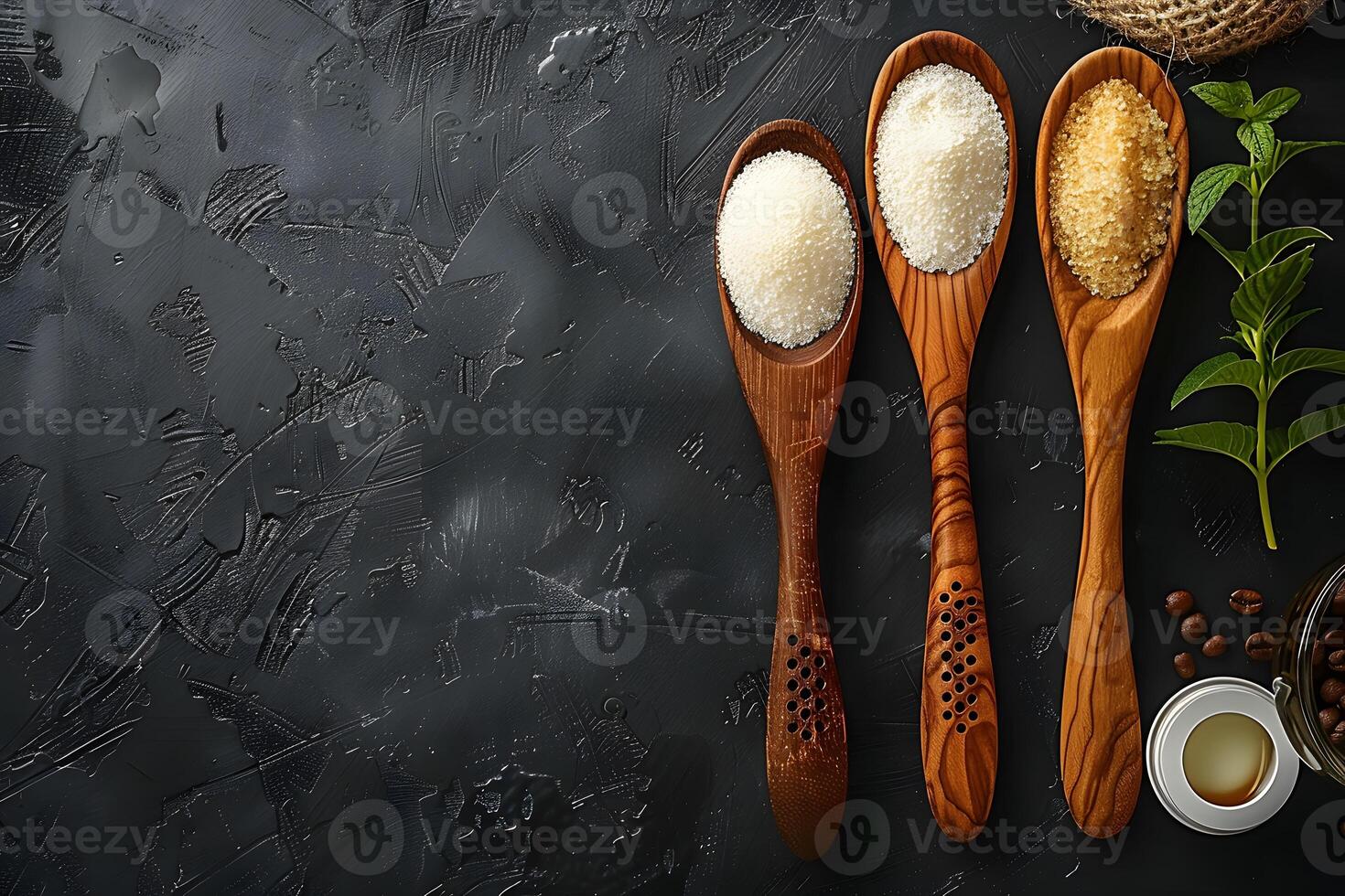 Various Sugar Types in Wooden Spoons and Natural Sweeteners on Dark Background, Ideal for Food Blogs, Recipes, or Health Articles photo