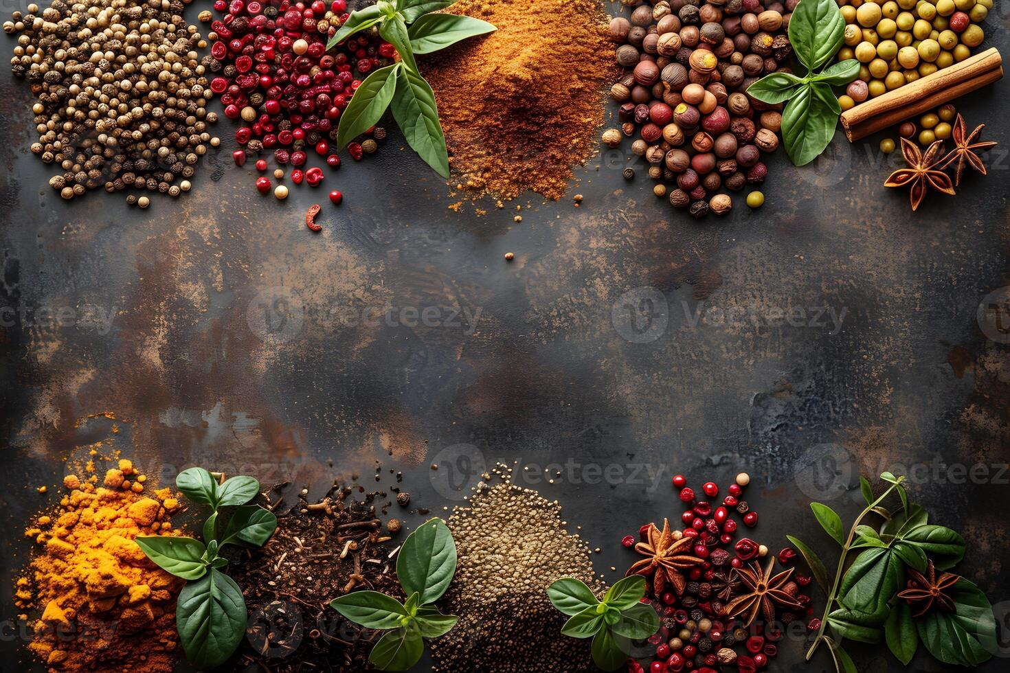 Assorted Colorful Spices and Herbs on Rustic Dark Background for Culinary Design and Food Photography photo