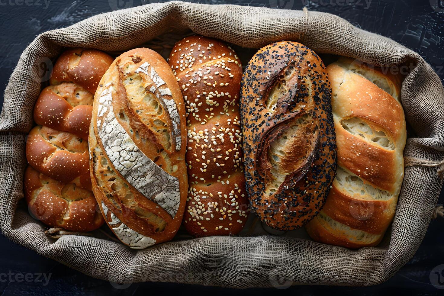 Assorted Artisan Bread Loaves in Rustic Burlap Basket - Perfect for Baking and Culinary Themes photo
