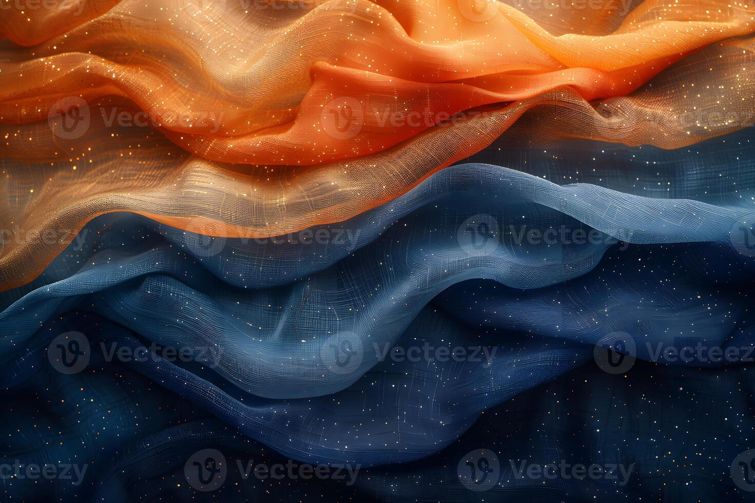 Abstract Waves of Orange and Blue Fabric with Sparkling Dots - Perfect for Design, Print, and Posters photo