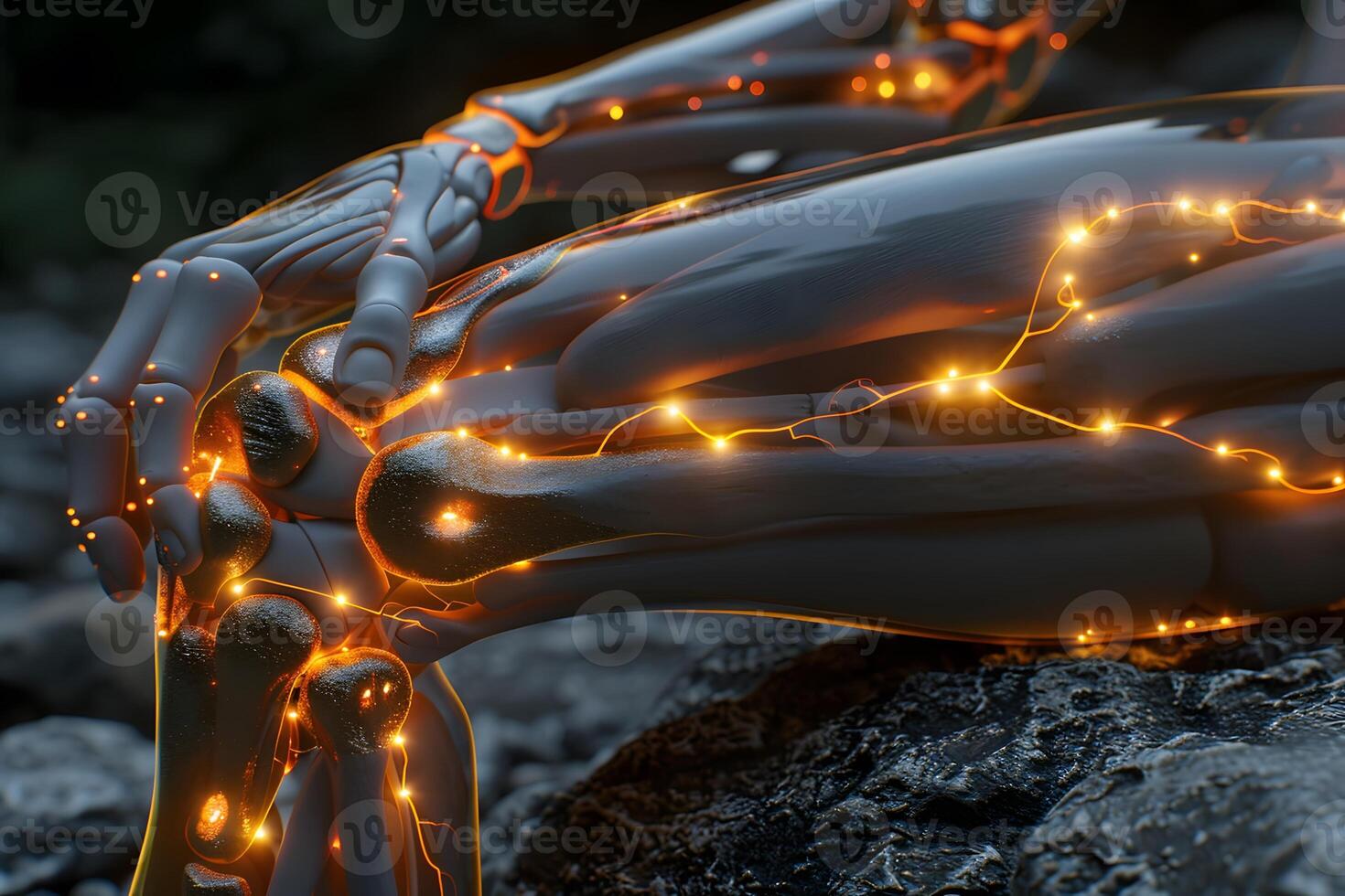 Futuristic Robotic Arm with Glowing Neural Connections in a Natural Rock Setting photo