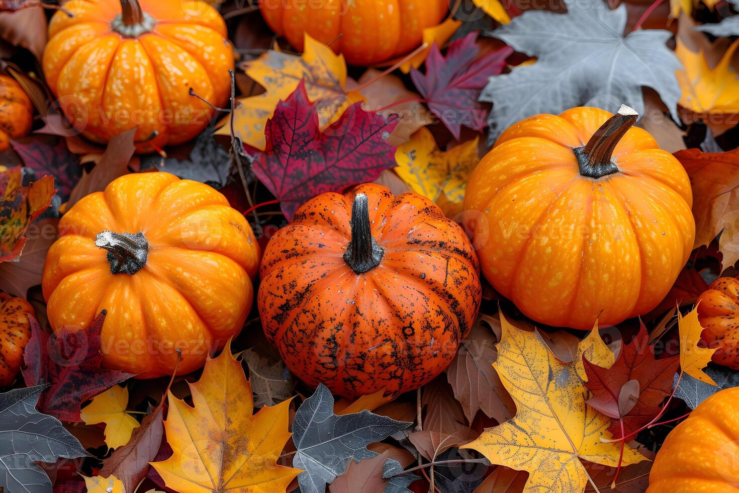 Autumn Harvest Pumpkins and Colorful Fall Leaves Perfect for Seasonal Decor, Posters, and Cards photo