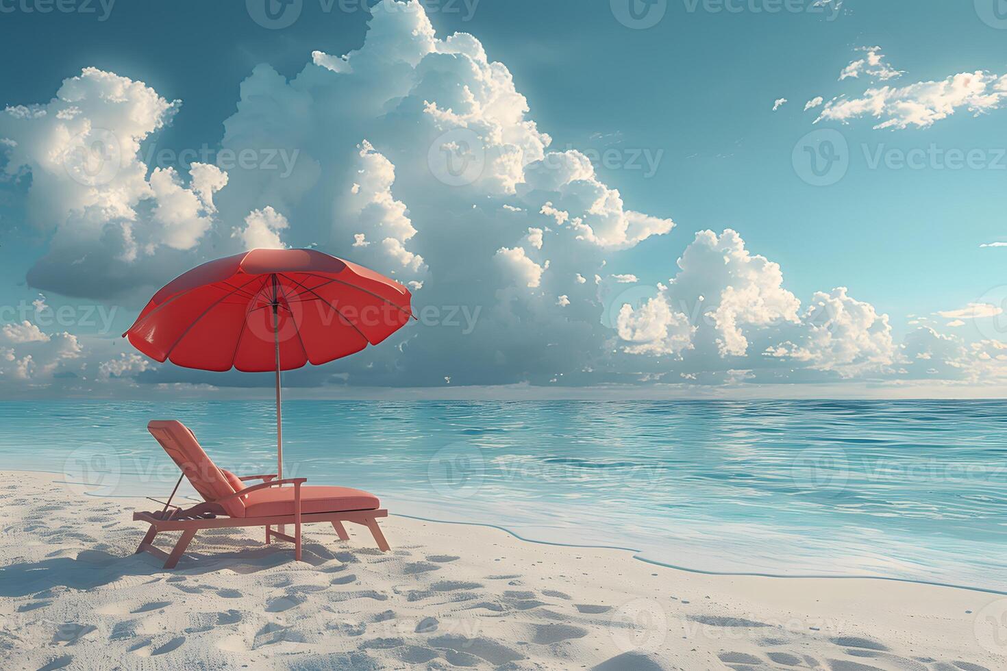 Tranquil Beach Scene with Red Umbrella and Lounge Chair Under Blue Sky for Summer Relaxation photo