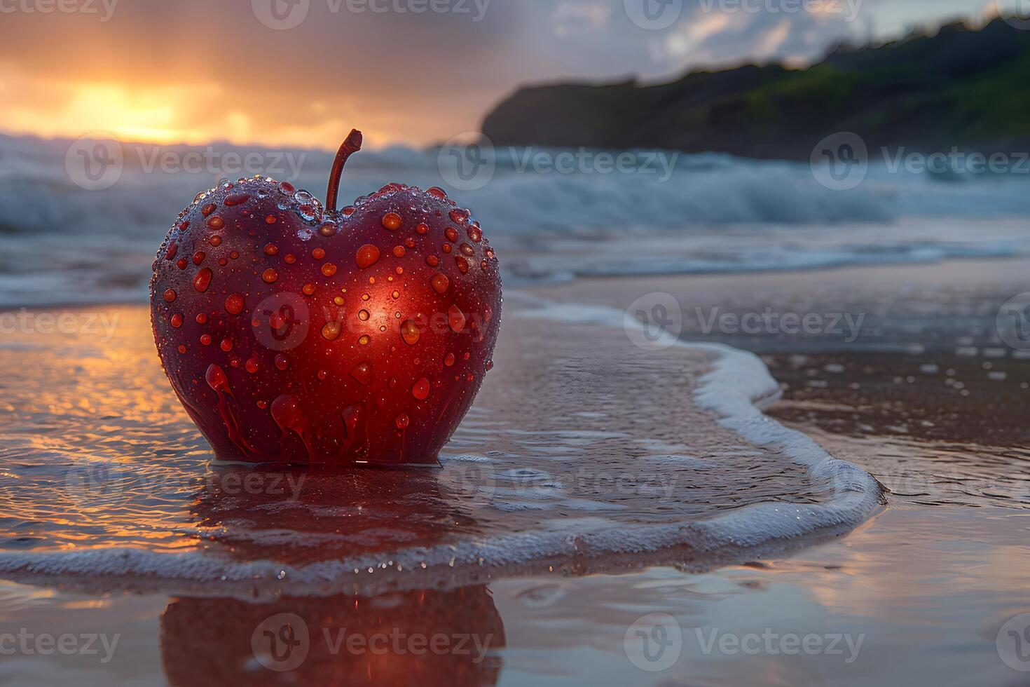 Conceptual Seaside Still Life with Red Apple Nature, Tranquility, and Reflection Ideal for Posters, Print Design, and Inspirational Projects photo