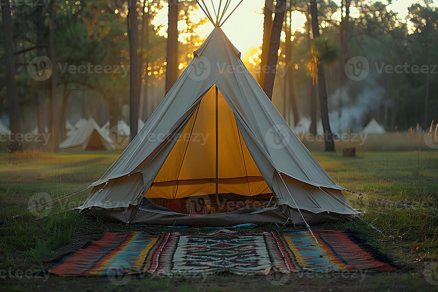 Serene Morning Camping in Forest with Teepee Tent and Colorful Rug - Rustic Nature Escape Scene photo