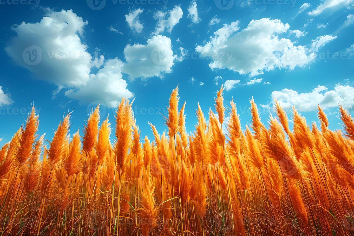 Golden Wheat Field Against Blue Sky With Fluffy Clouds - Nature, Agriculture, and Harvest Concepts for Posters and Prints photo