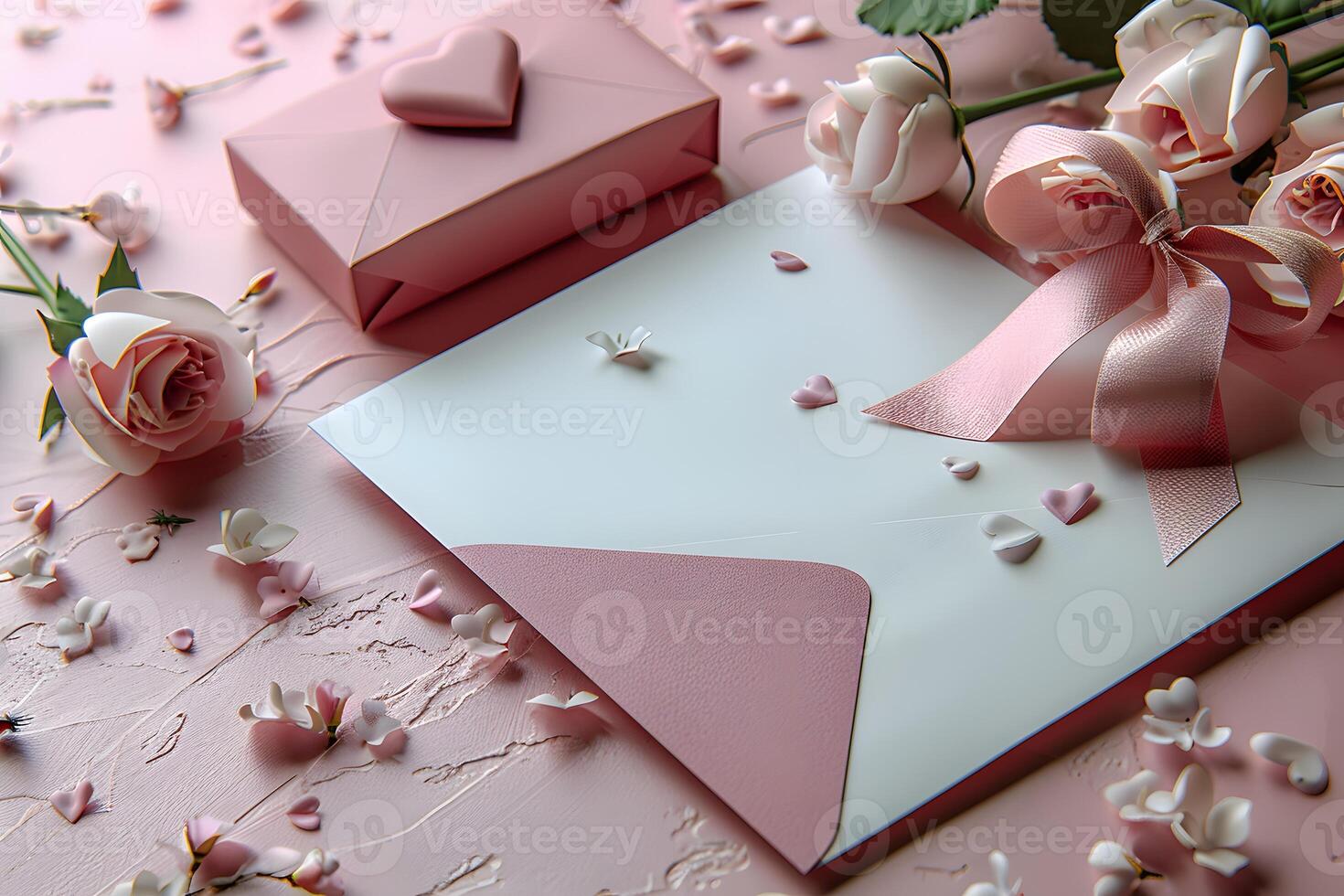 Romantic Pink Roses and Heart-themed Envelope with Gift Box for Valentine's Day or Wedding Invitation Design photo