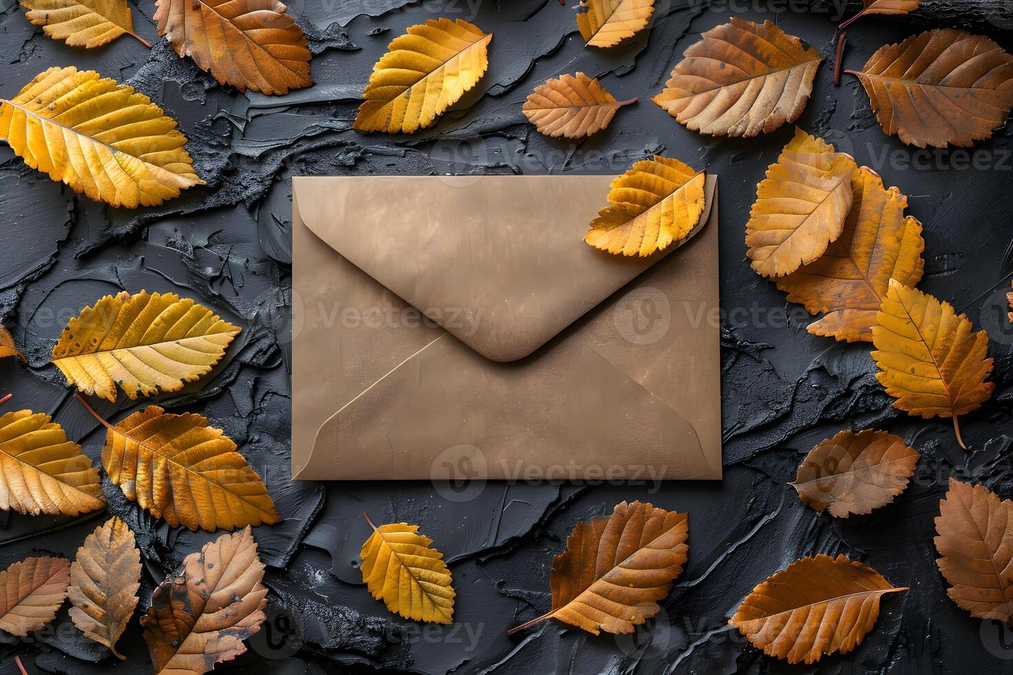 Autumn Greeting Card Design with Brown Envelope and Fall Leaves on Dark Textured Surface photo