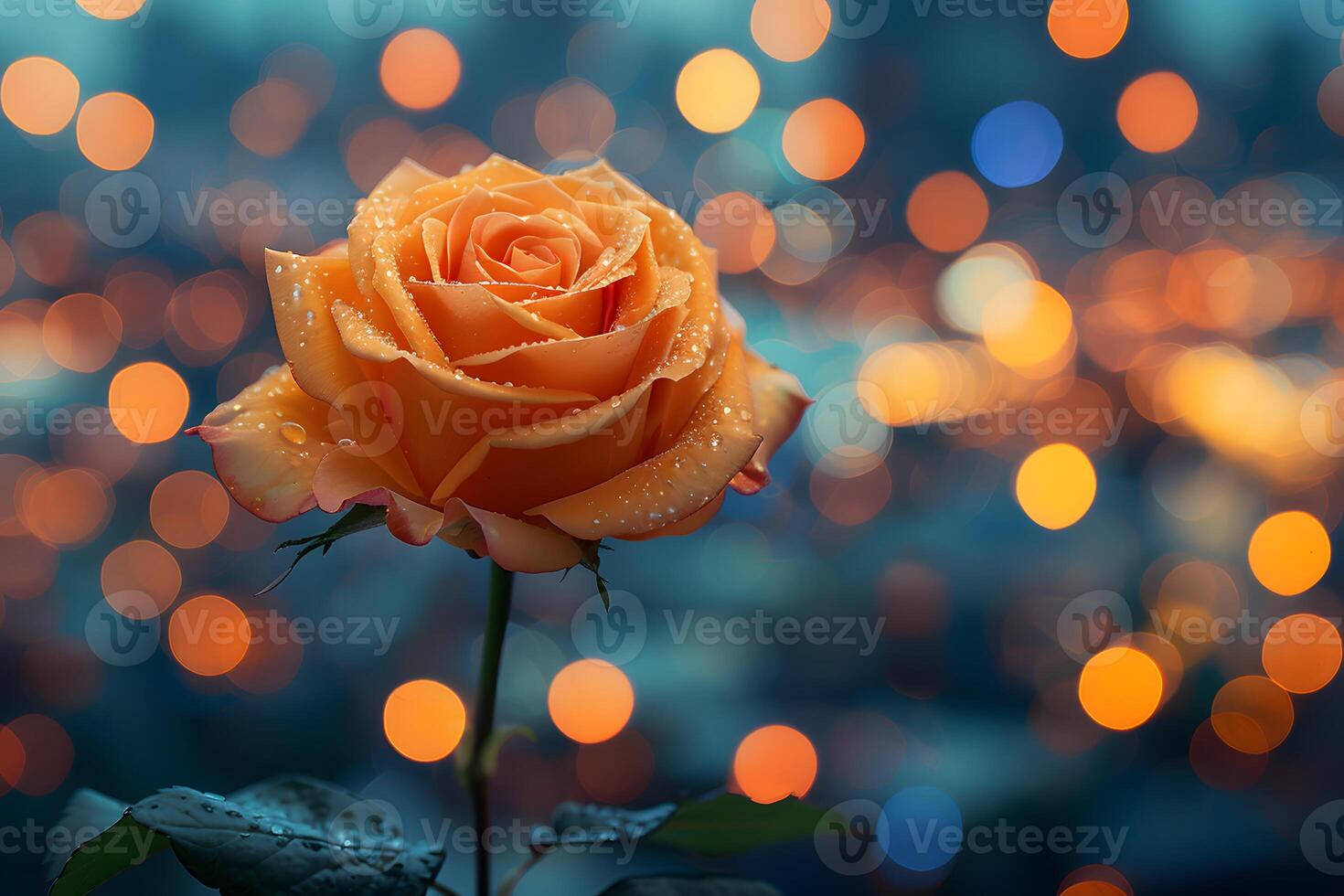 Stunning Orange Rose with Water Droplets Against Vibrant Bokeh Background - Perfect for Nature-Themed Designs and Print photo
