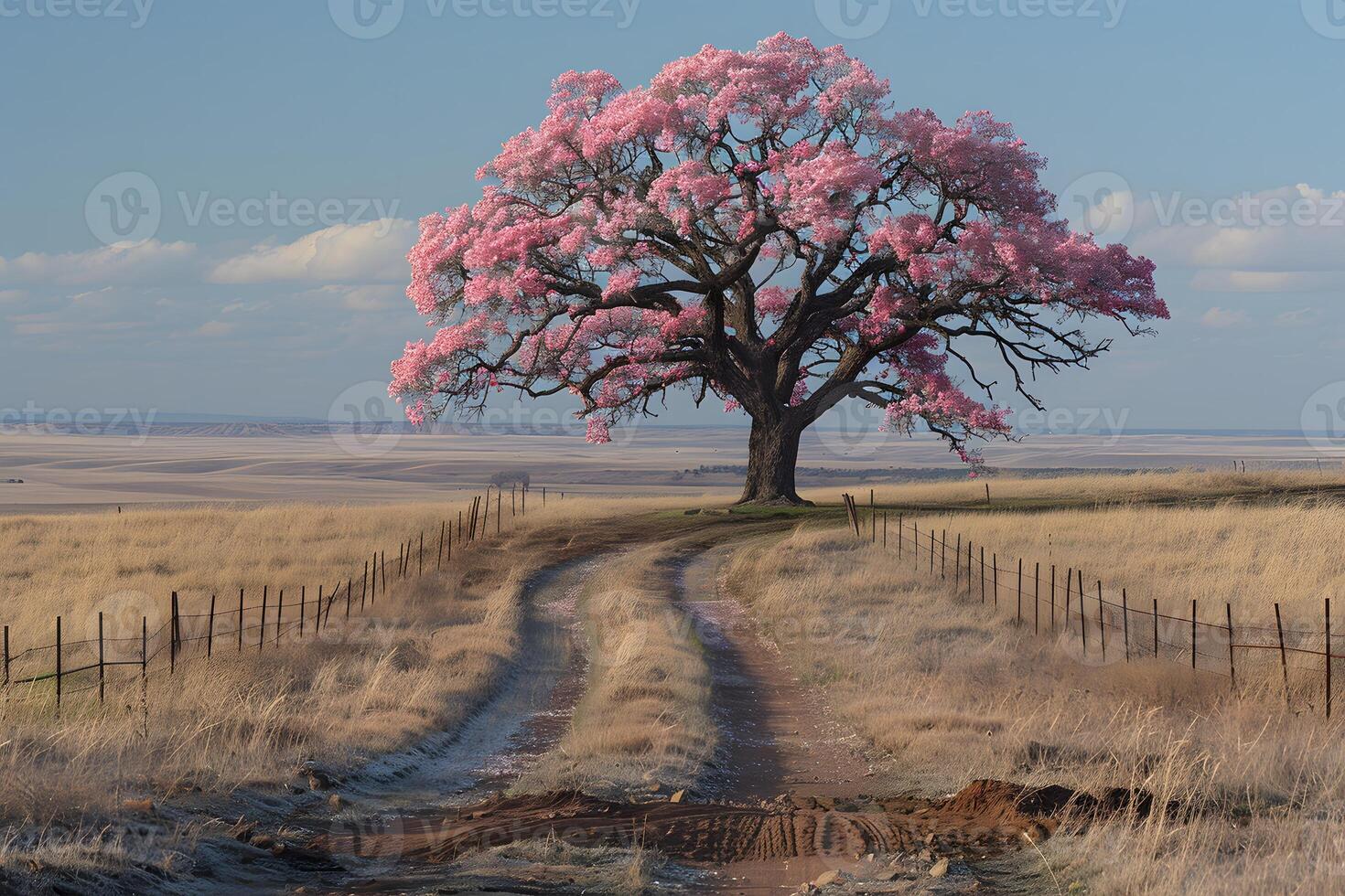 Beautiful Spring Landscape with Blooming Pink Tree on Remote Country Path - Ideal for Posters, Cards, and Prints photo