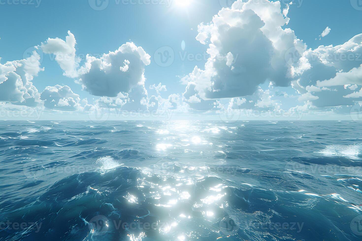 Tranquil Ocean Horizon with Sparkling Sunlight and Fluffy Clouds - Nature Background for Prints, Posters, and Digital Projects photo