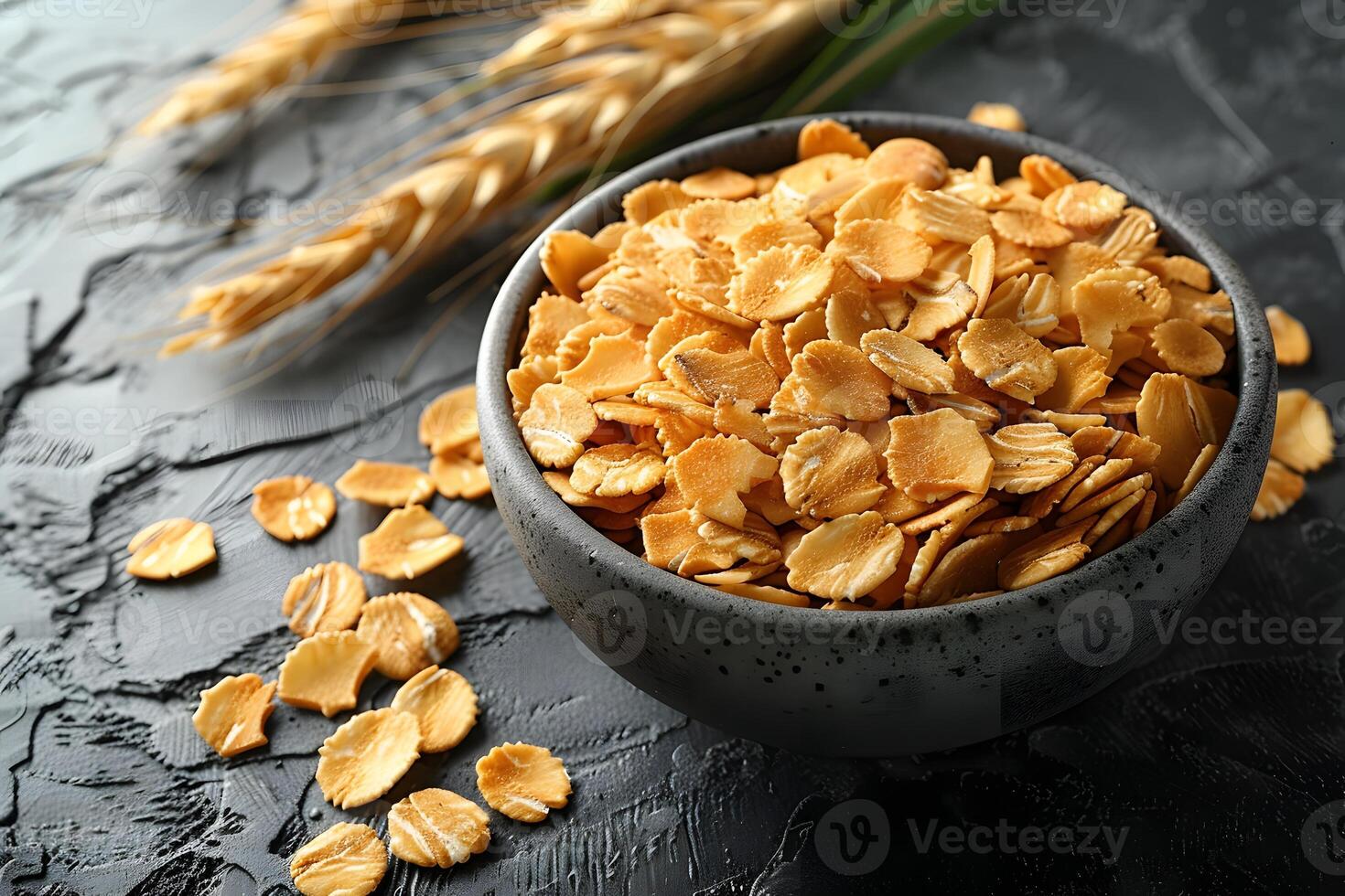 Healthy Breakfast Concept Bowl of Crunchy Oat Flakes on Textured Black Surface for Nutrition and Diet Themes photo