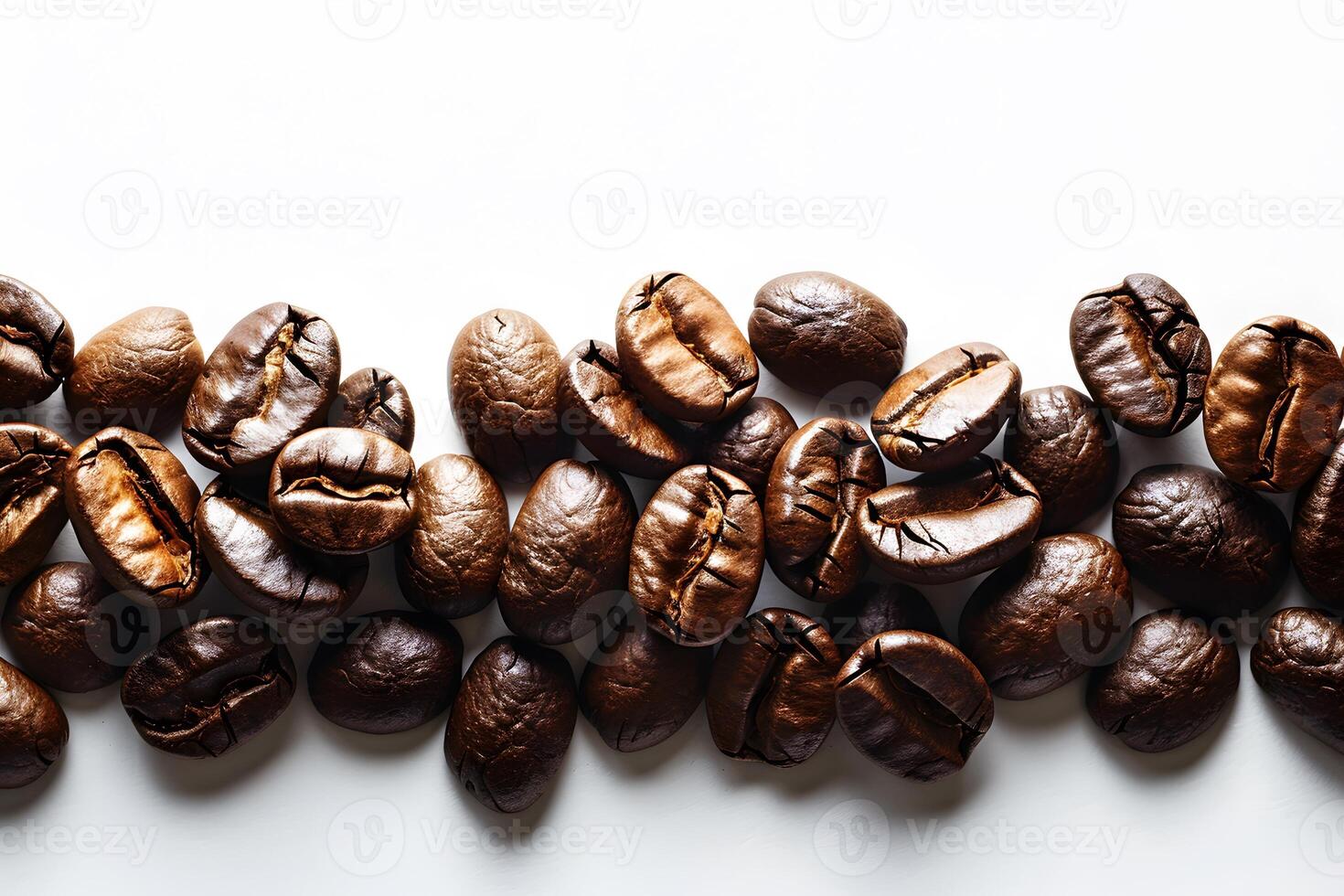Close-up of Roasted Coffee Beans on White Background for Cafe, Beverage, and Marketing Design photo