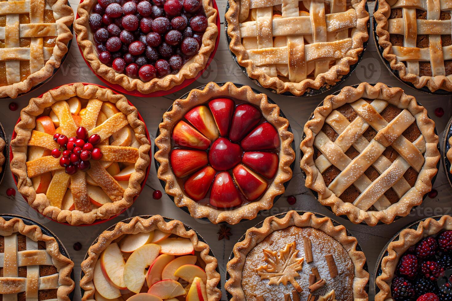 Assorted Homemade Fruit Pies with Decorative Lattice Toppings for Thanksgiving Celebrations photo