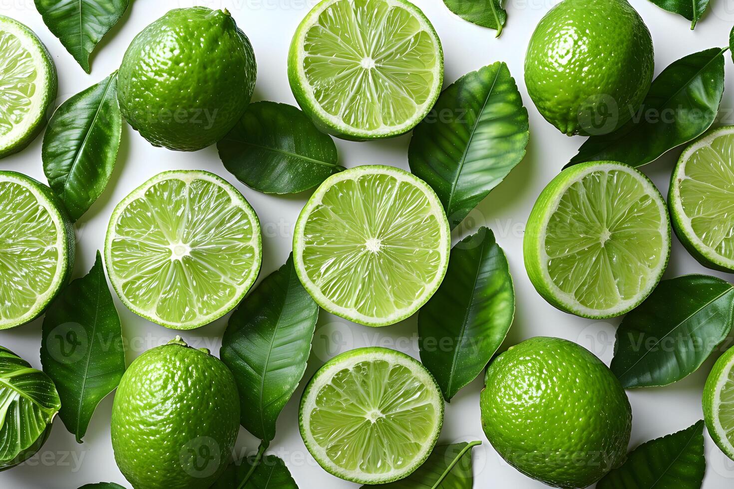Fresh Green Limes and Leaves Pattern - Vibrant Citrus Layout for Summer Design, Print, or Poster photo
