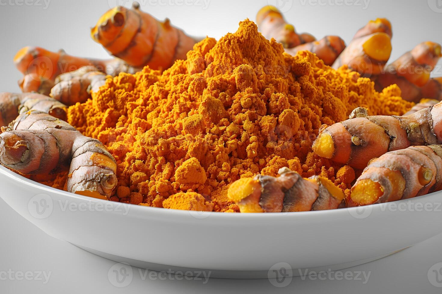 Fresh Turmeric Roots and Ground Turmeric Powder in White Bowl Spice Concept, Organic Ingredients, Culinary Use photo