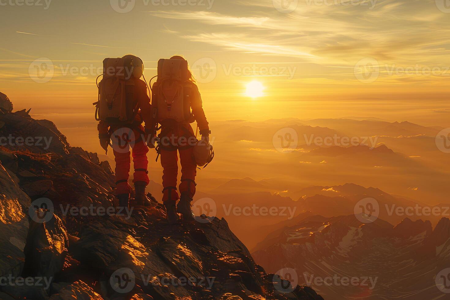 Adventurous Climbers at Sunset - Mountain Expedition, Golden Hour, Nature Photography, Inspiring Landscape photo