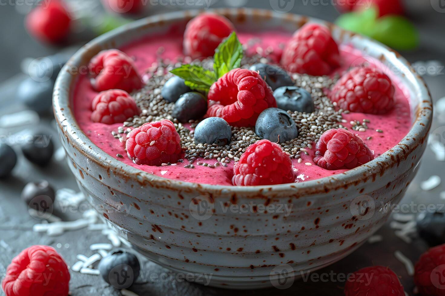 Healthy Breakfast Smoothie Bowl with Fresh Berries and Chia Seeds photo
