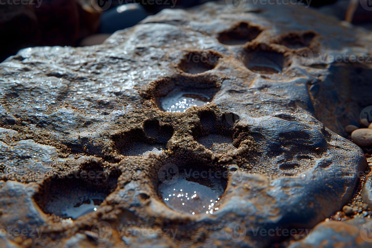 Animal Footprints on Wet Beach Stone - Nature, Wildlife, Texture - Perfect for Backgrounds and Environmental Themes photo