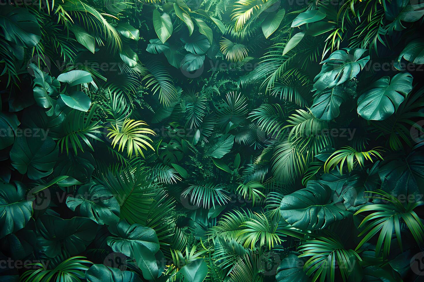 Lush Green Tropical Foliage Background for Design, Print, Card, Poster Use photo