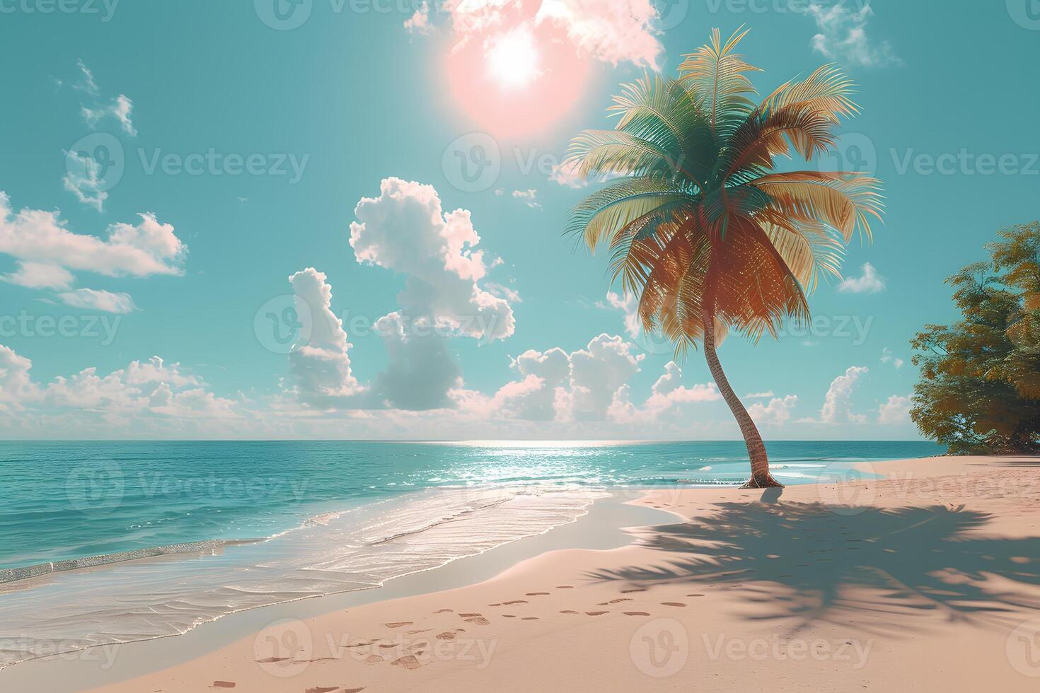 Idyllic Tropical Beach Scene with Palm Tree in Sunlight - Perfect for Summer Vacation or Travel Design photo